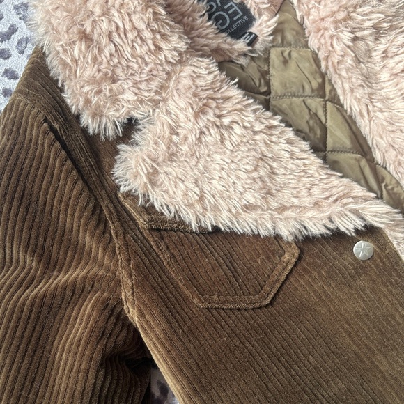 Sage Collective Olive Green Brown Corduroy Jacket with Cream Faux Fur Lining - Picture 3 of 9